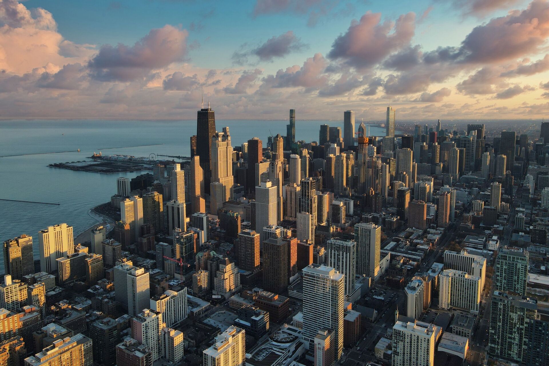 Aerial view of the Chicago skyline at golden hour